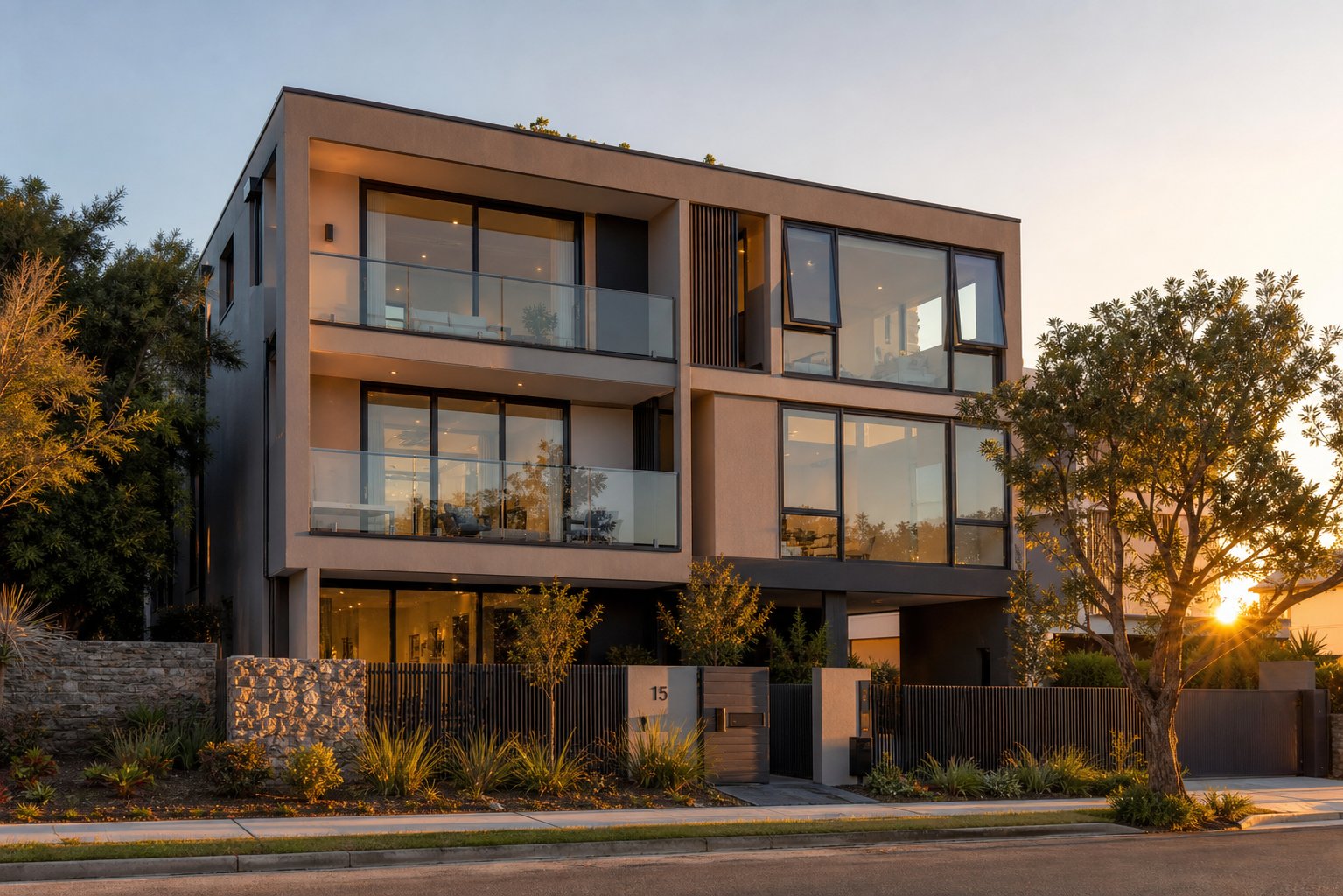 contemporary australian residence showcasing custom configured aluminium security windows across multiple protection levels and opening styles