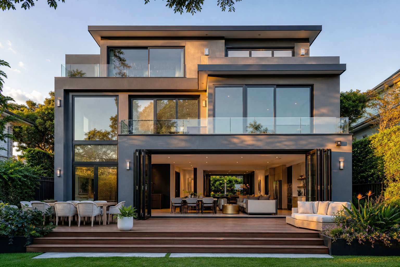 contemporary home featuring multiple aluminium window styles from fixed panels to bi fold configurations