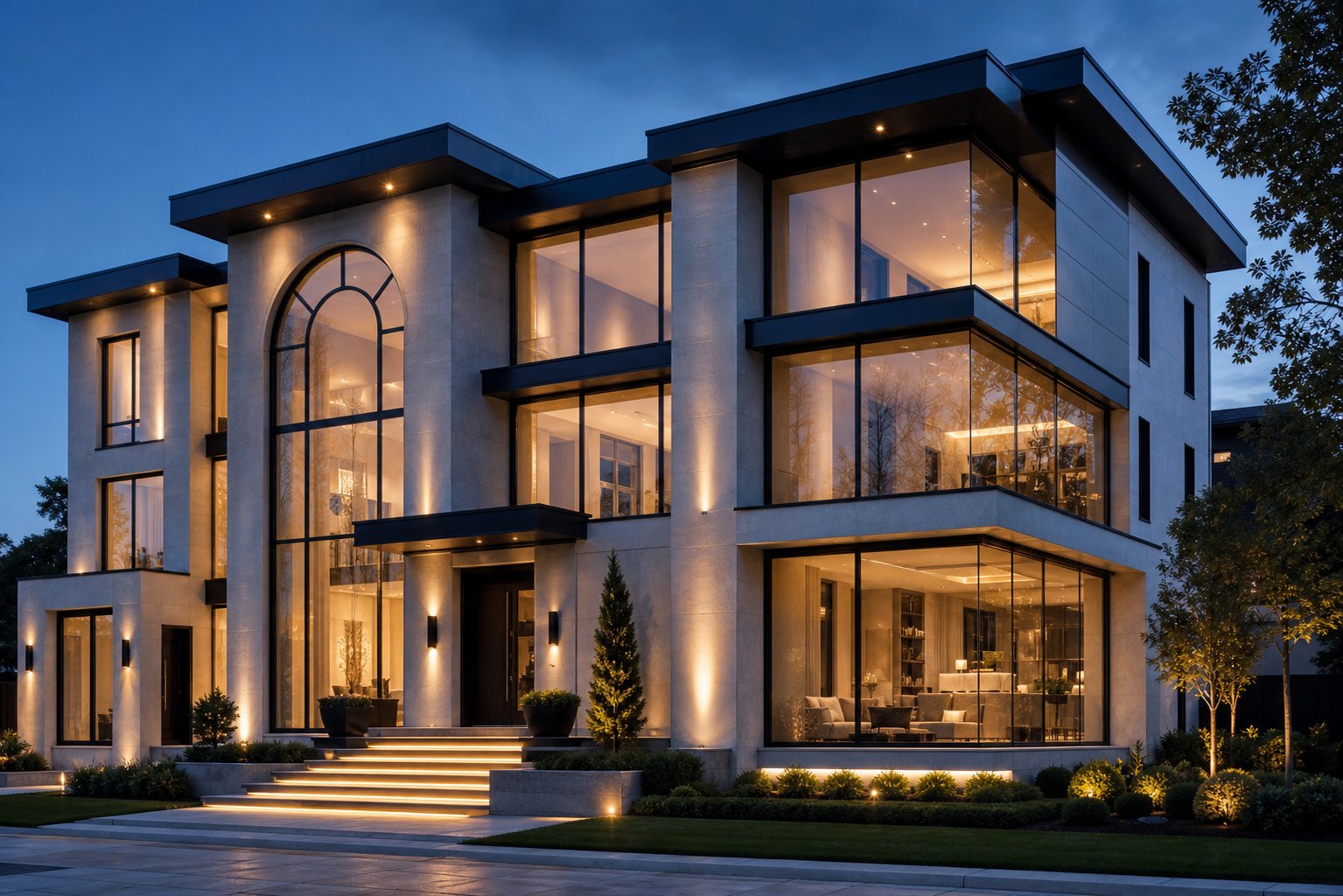 contemporary residence showcasing diverse aluminium fixed window configurations including arched corner and floor to ceiling designs