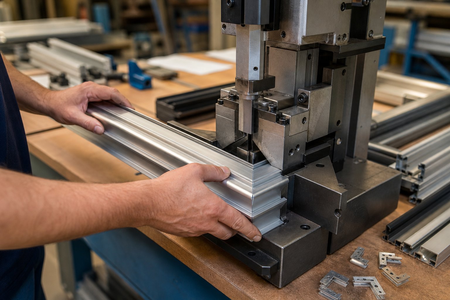 corner crimping an aluminium window frame joint using a mechanical press in a fabrication workshop