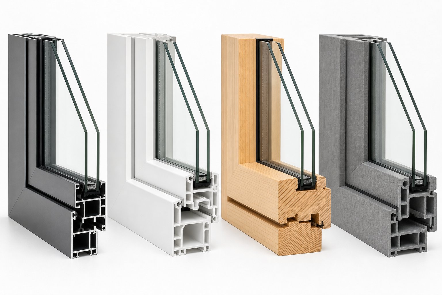 cross section comparison of aluminium vinyl timber and fiberglass window frame profiles showing relative thickness and material characteristics