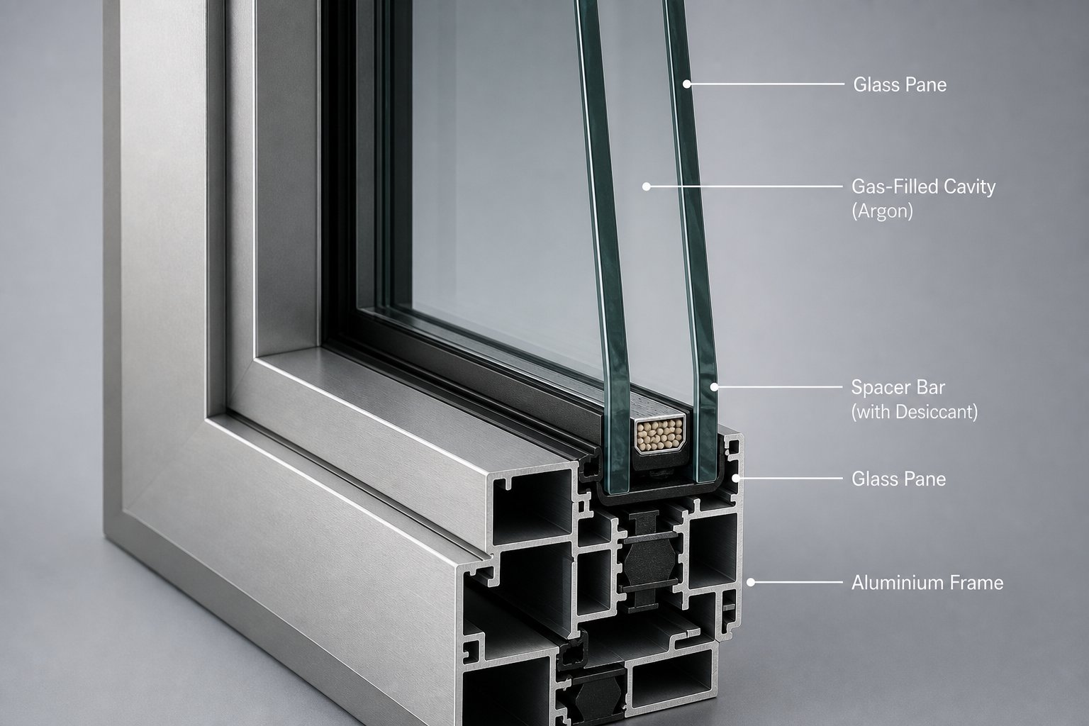 cross section of a double glazed unit inside an aluminium frame showing the sealed cavity and spacer bar system