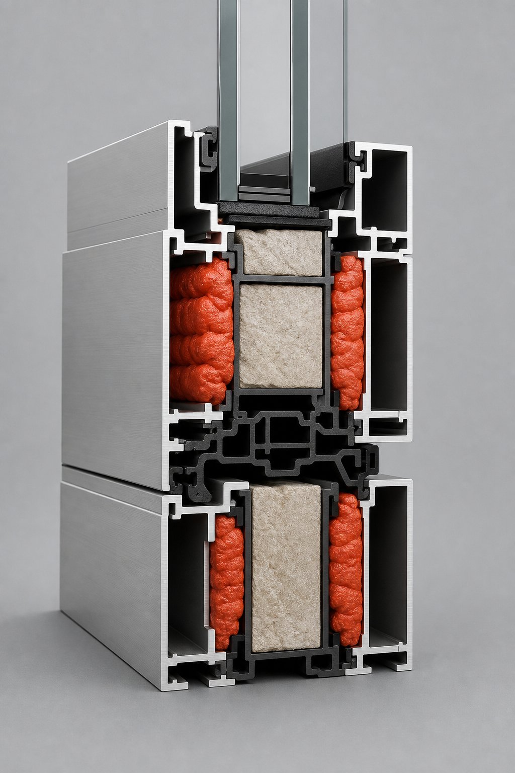 cross section of a fire rated aluminium window profile showing intumescent seals and insulating core construction