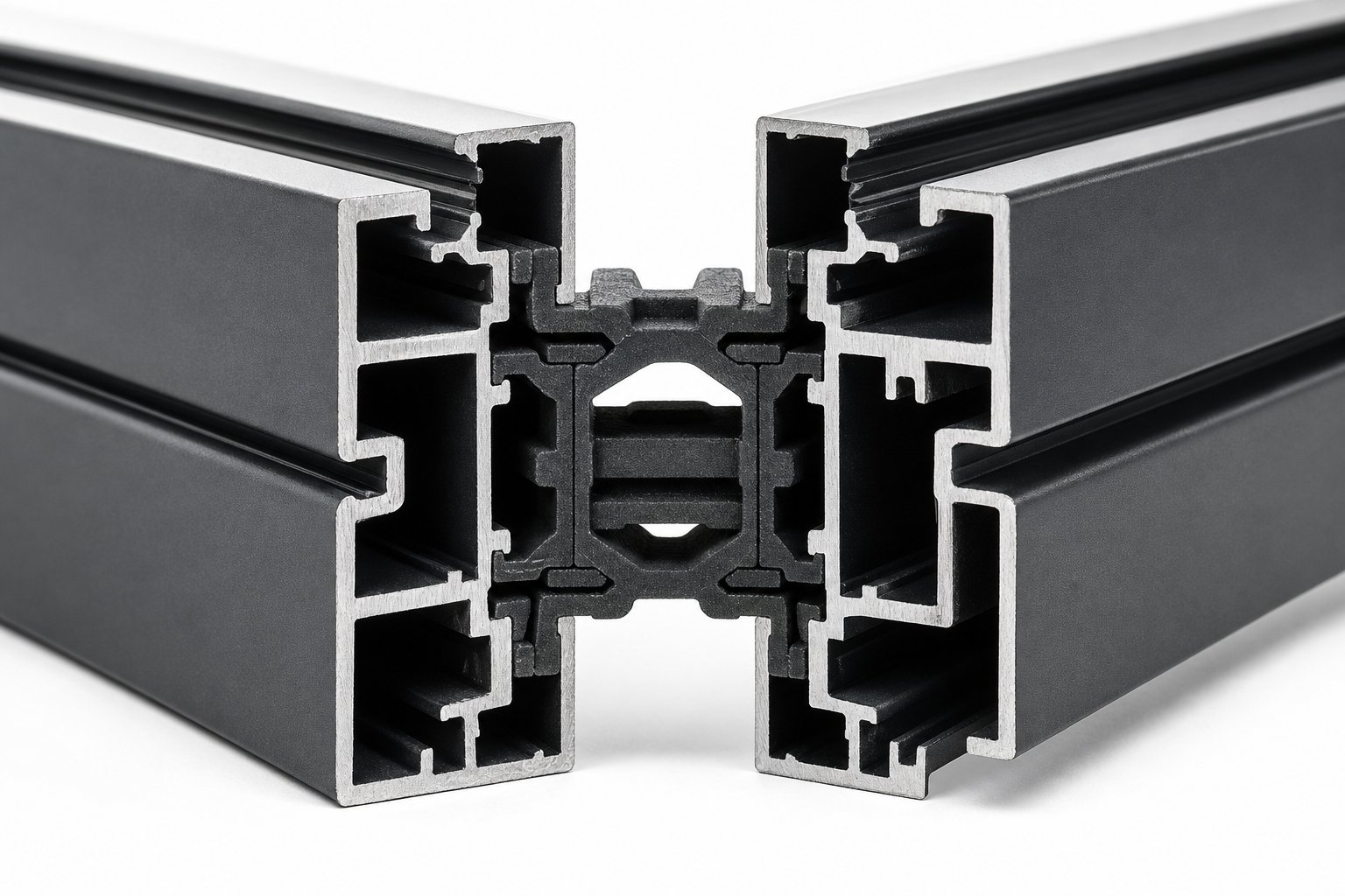 cross section of a thermally broken aluminium frame showing the polyamide barrier separating interior and exterior sections