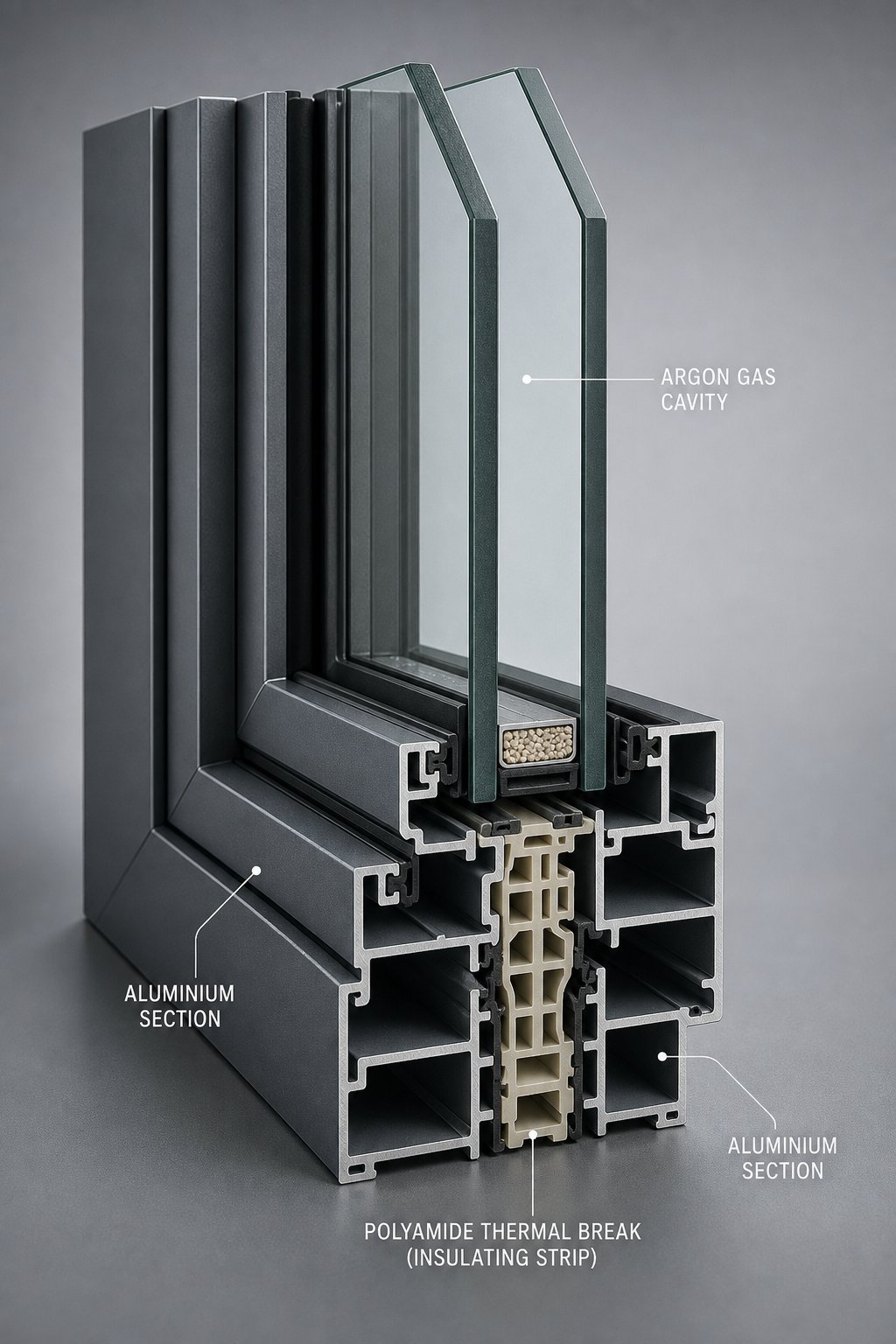 cross section of a thermally broken aluminium frame showing the polyamide thermal break separating inner and outer sections