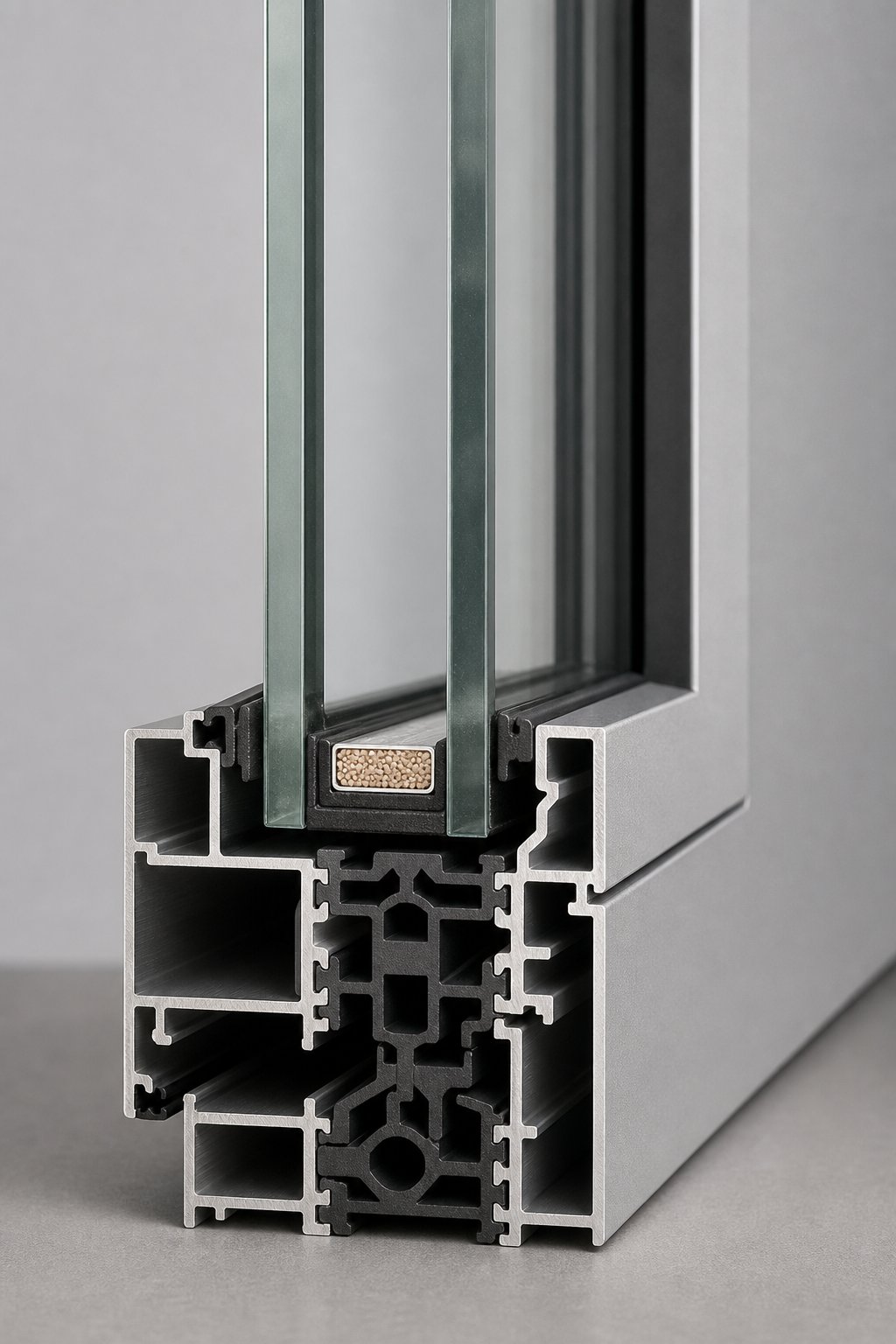 cross section of a thermally broken aluminium frame with double glazed insulating glass unit showing thermal break and warm edge spacer
