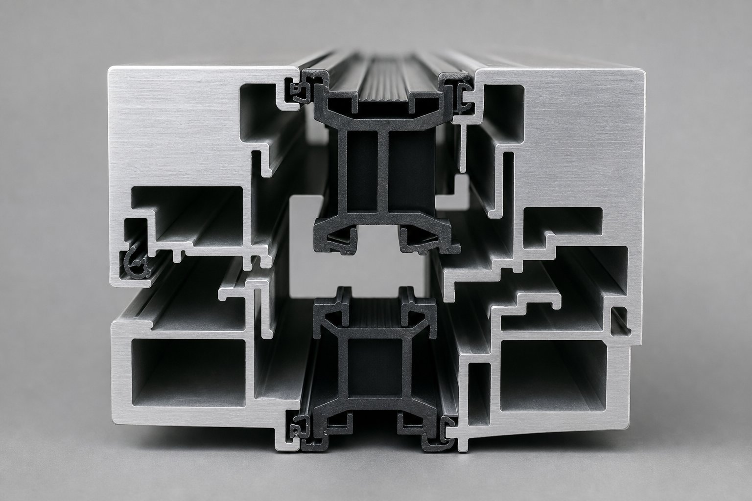 cross section of a thermally broken aluminium profile showing polyamide insulating strips separating interior and exterior aluminium sections