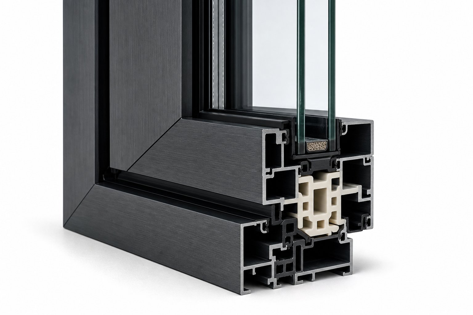cross section of a thermally broken aluminium sliding window frame with double glazed insulated glass unit