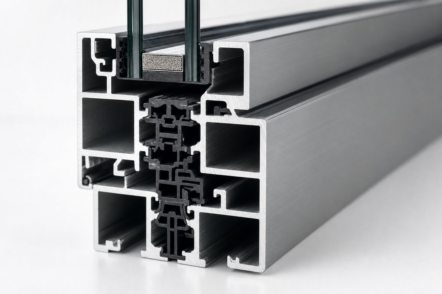 cross section of a thermally broken aluminium window profile revealing internal chambers and thermal break construction