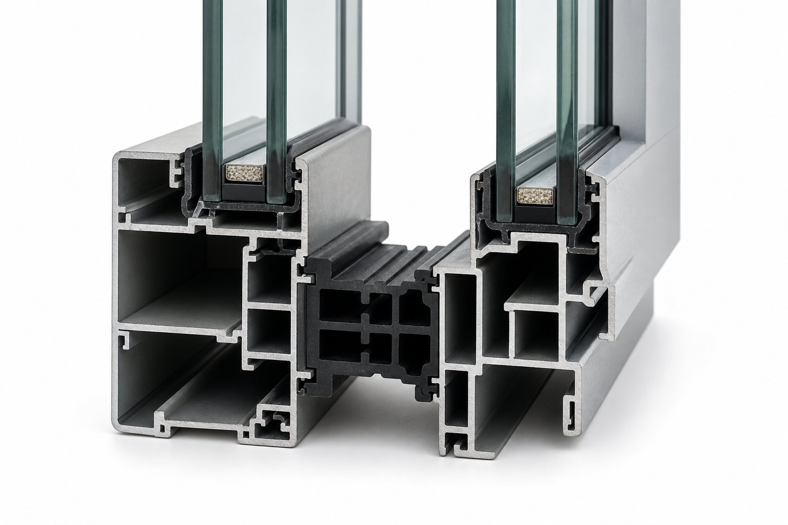 cross section of a thermally broken aluminium window profile showing the insulating strip that separates interior and exterior frame sections