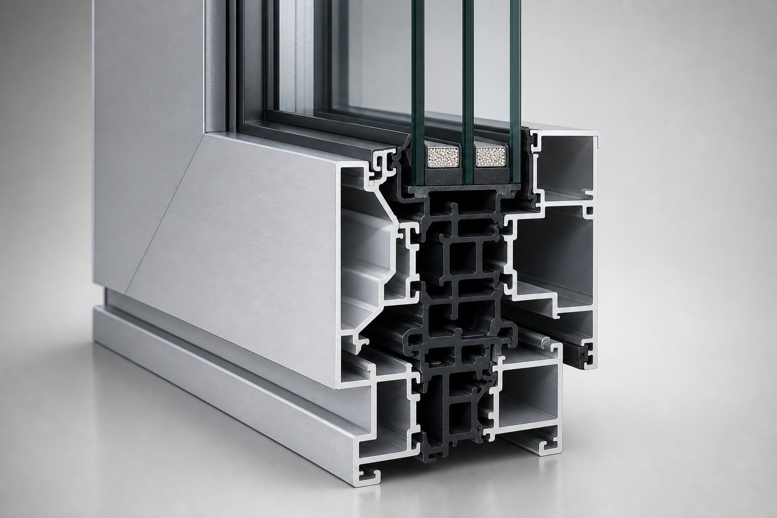 cross section of a thermally broken aluminium window profile showing the polyamide insulating strip between interior and exterior frames