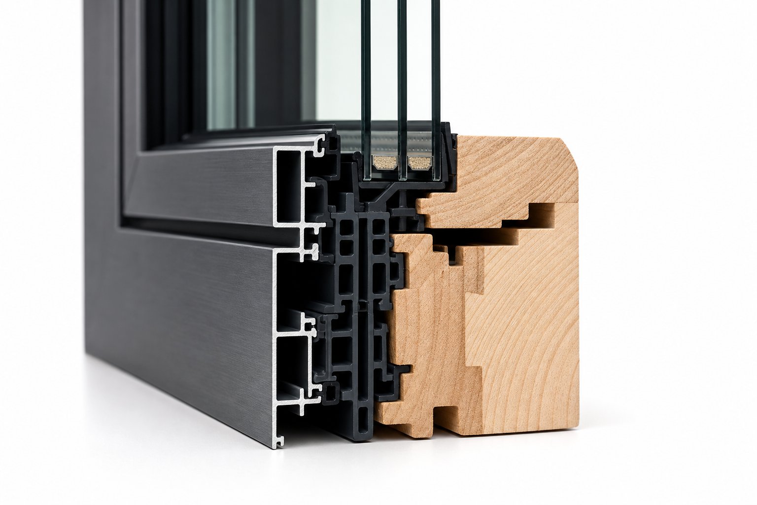 cross section of an aluminium and timber composite window frame revealing the thermal break layer between exterior aluminium and interior timber core