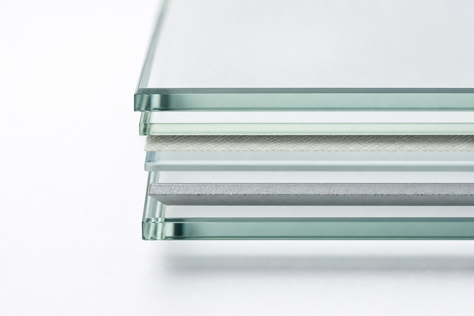 cross section of multi layered security glazing showing glass plies and protective interlayers used in aluminium security windows