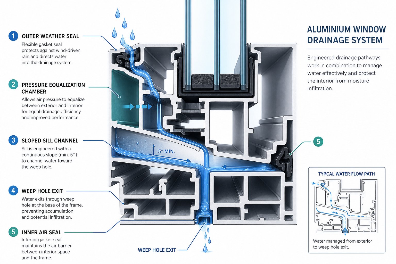 cross section view of an aluminium window drainage system showing how water moves through internal channels to exit via the weep hole