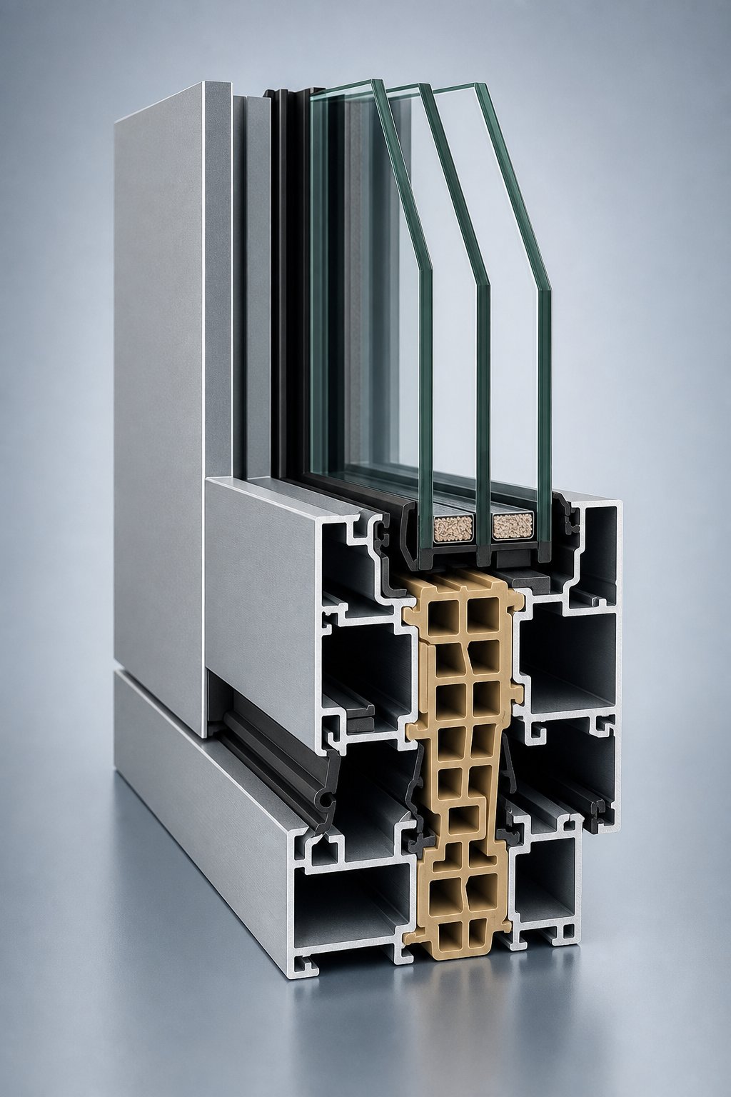 cutaway view of a thermally broken aluminium window profile showing the polyamide insulating strip between inner and outer frames