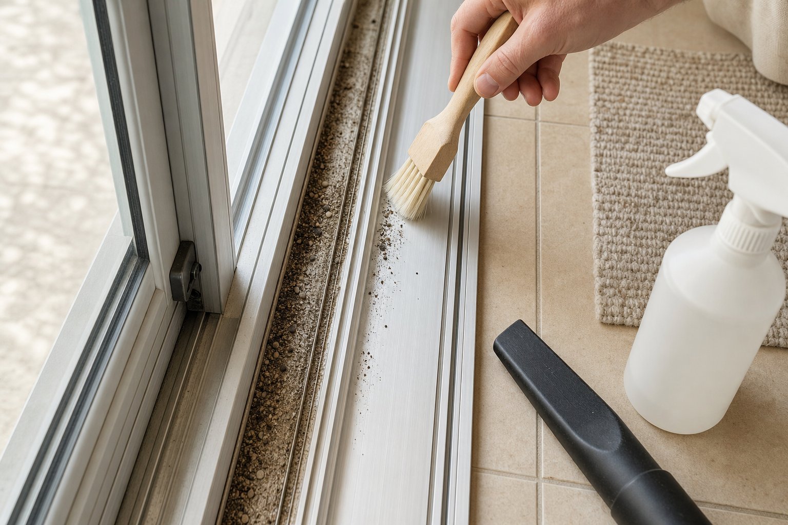 deep cleaning an aluminium sliding door track to remove compacted grit and prevent mould growth