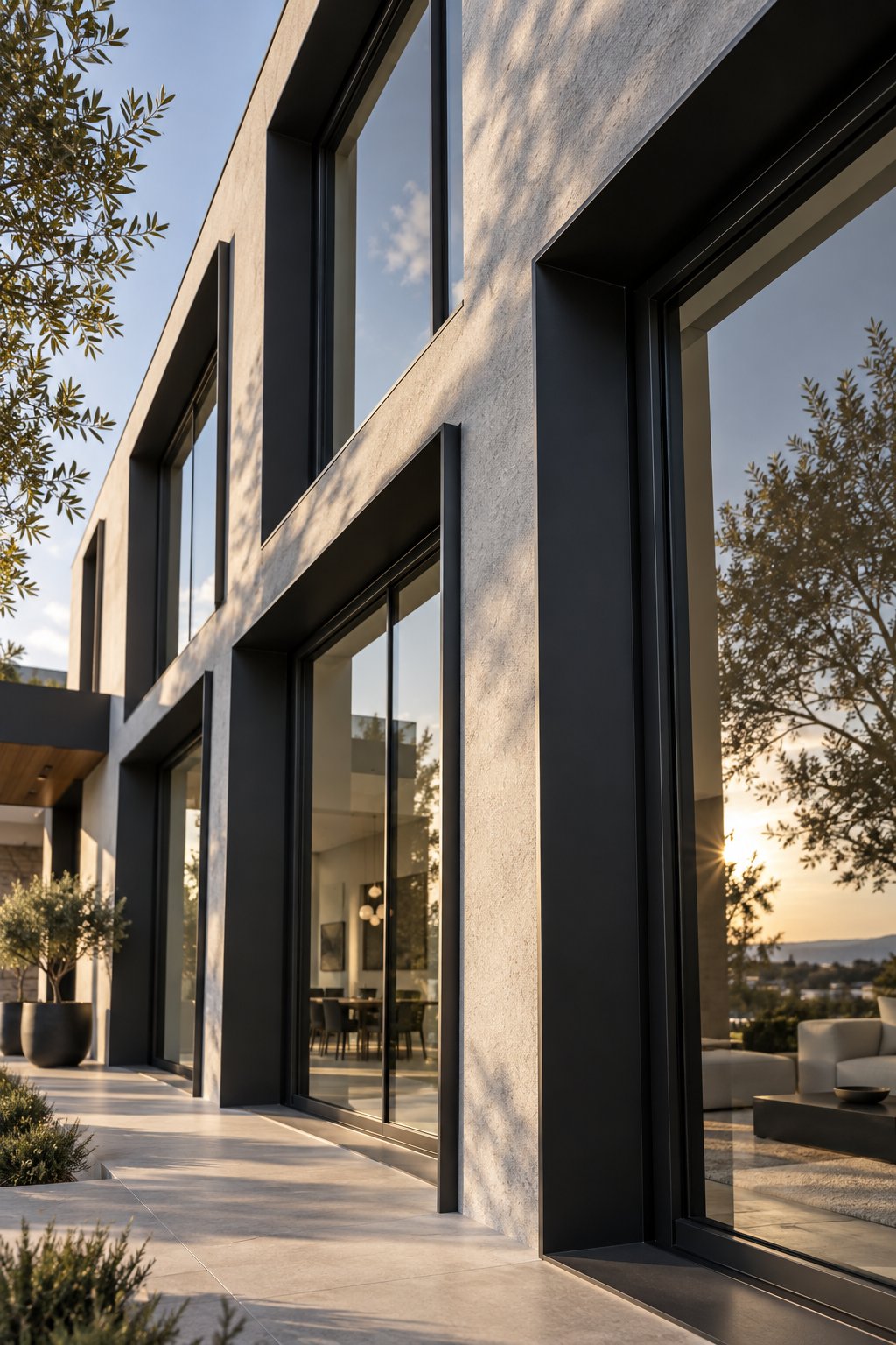 deep profile aluminium surrounds casting shadow lines that add visual depth and architectural rhythm to a modern facade