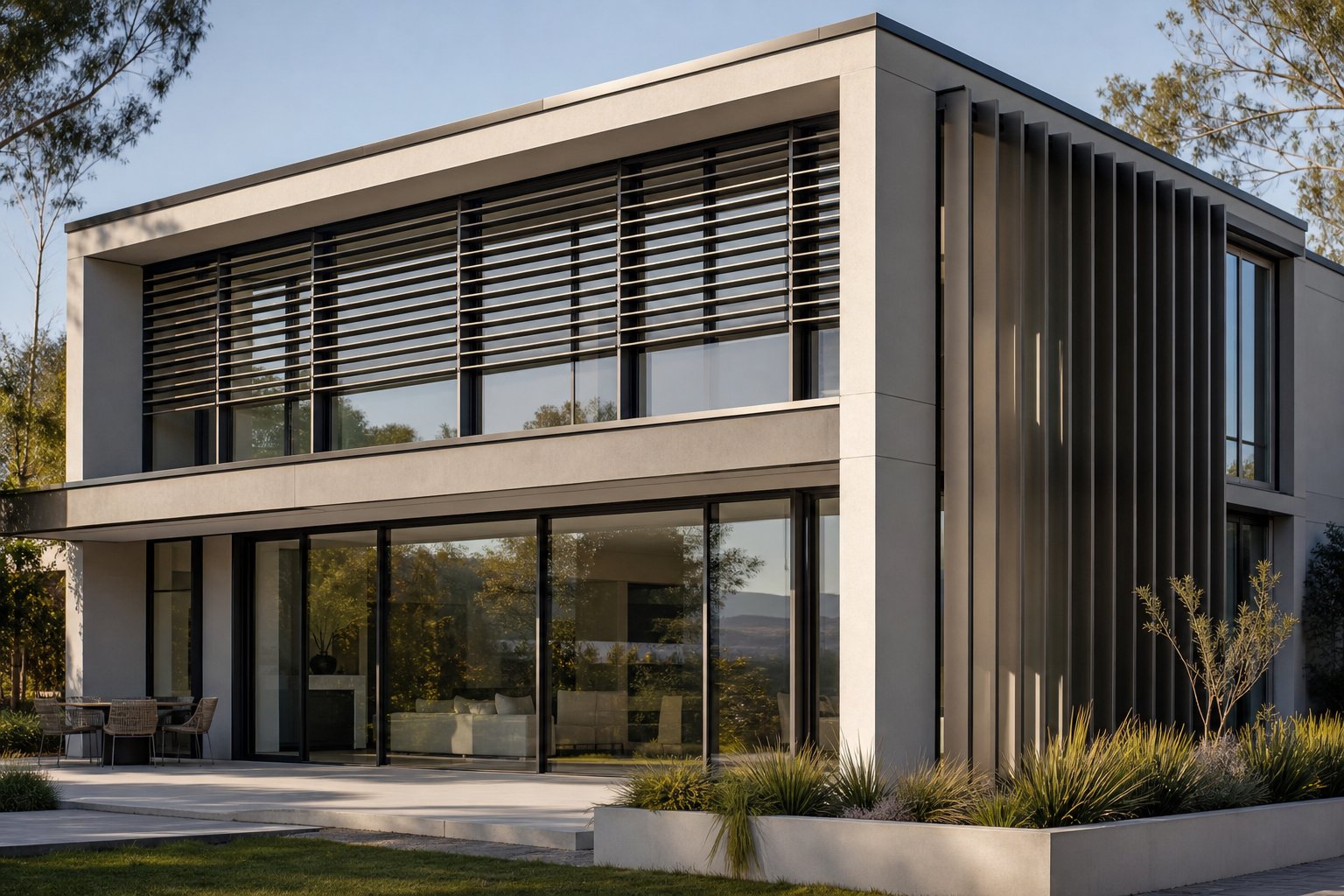 different aluminium sun shade configurations addressing various facade orientations on a modern building