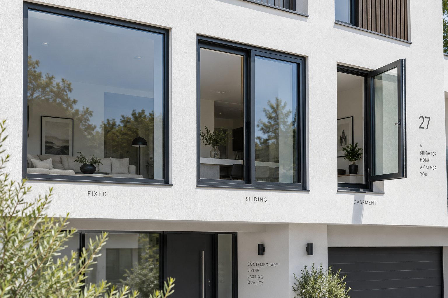 different aluminium window configurations including fixed sliding and casement styles on a modern home facade