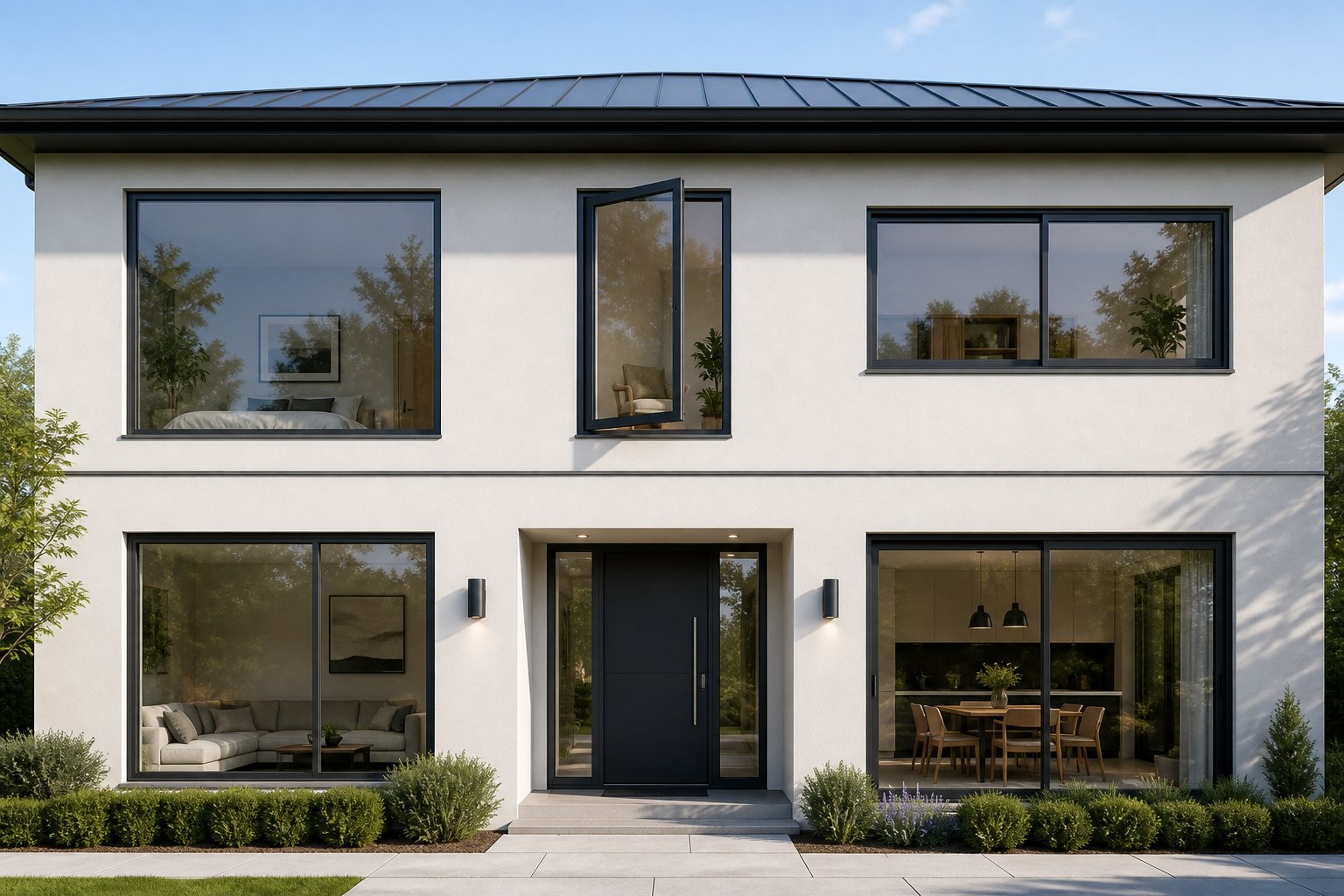 different aluminium window opening styles including fixed casement and sliding configurations on a modern facade