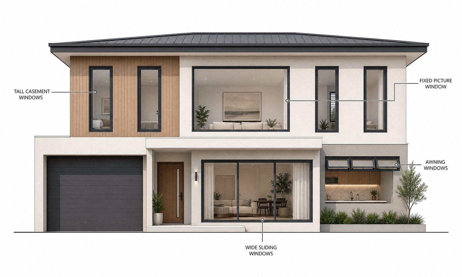 different aluminium window types and their typical proportions on a modern residential facade