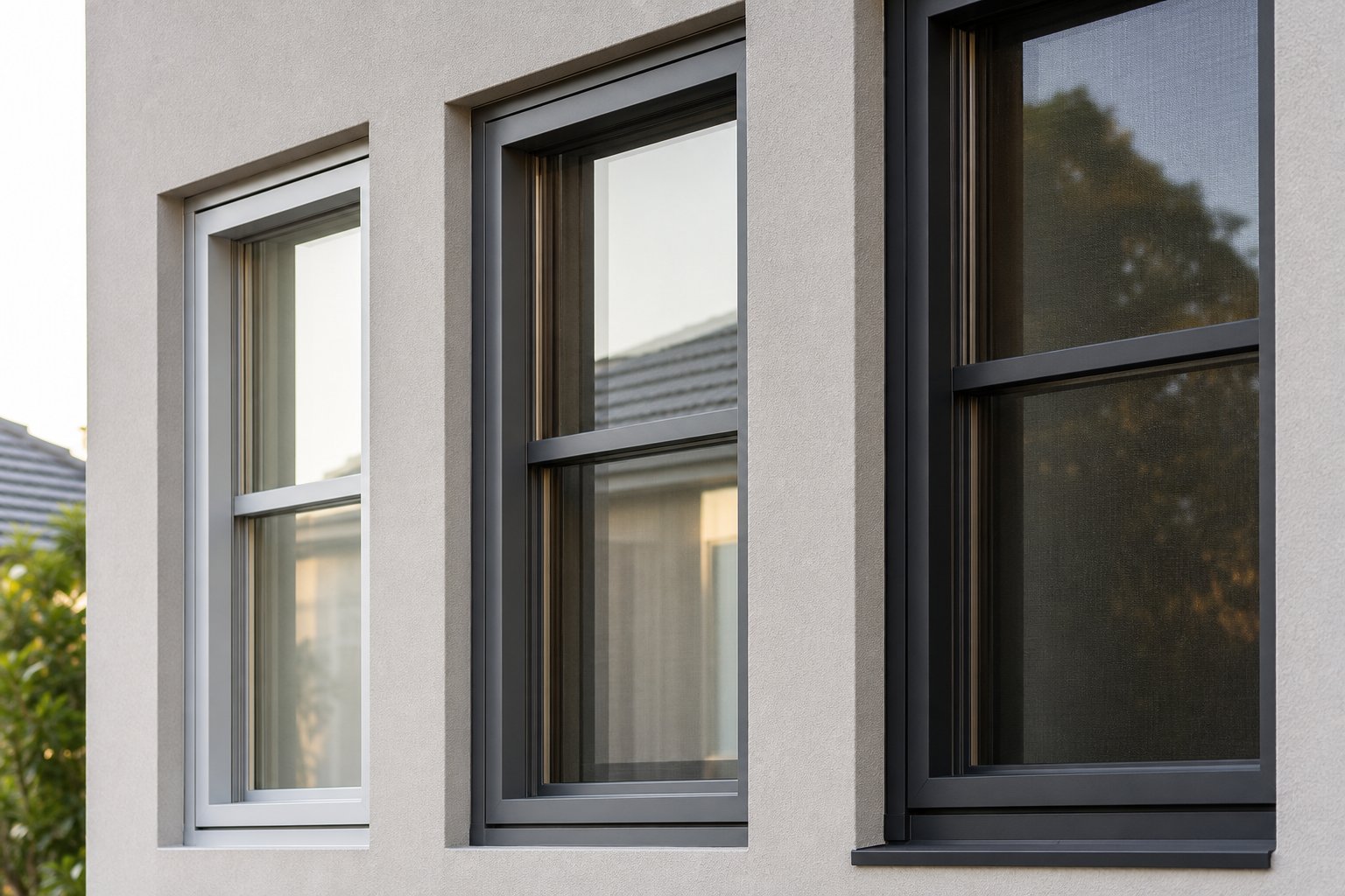 different shades of grey aluminium window frames showing how undertones shift against a rendered facade in natural light