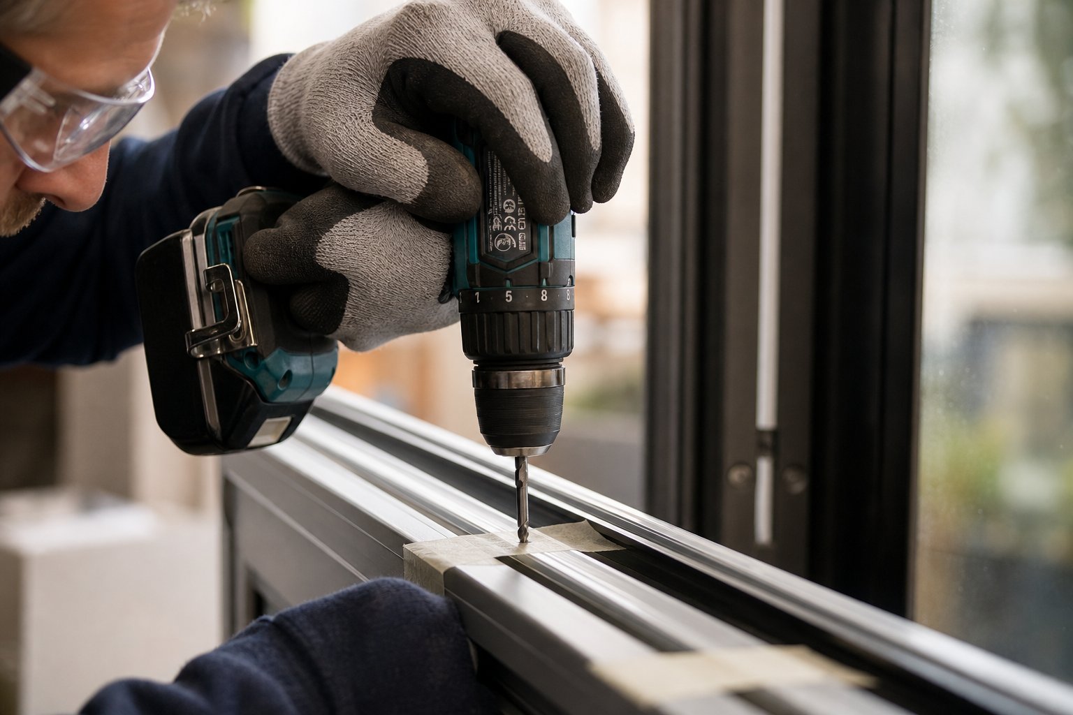 drilling pilot holes into the aluminium sash rail for keyed lock installation using proper technique and safety gear