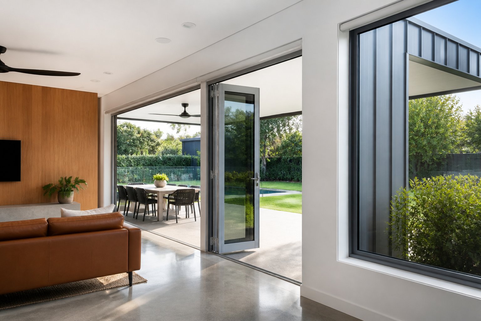 dual colour aluminium frames featuring a white interior finish and dark grey exterior for design flexibility in a modern living space