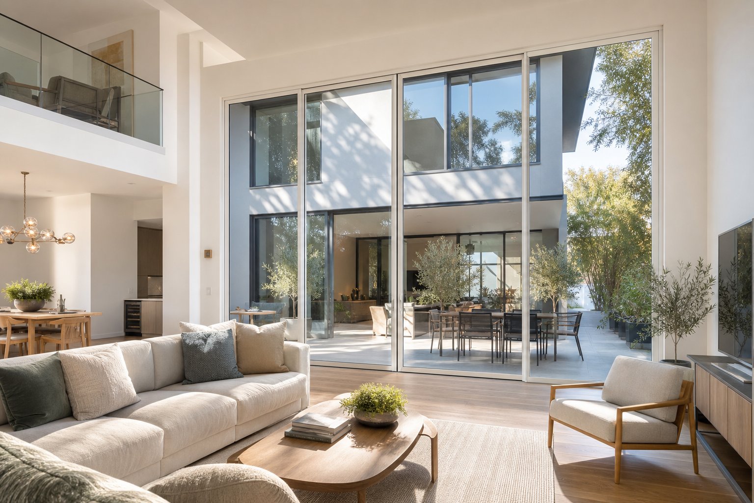 dual colour aluminium frames with white interior and dark grey exterior creating seamless indoor outdoor flow