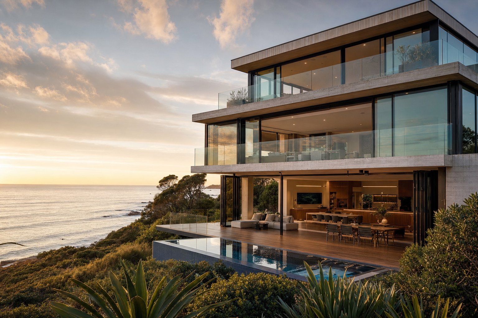 durable aluminium framed windows on a coastal australian home built to withstand harsh salt air conditions over decades