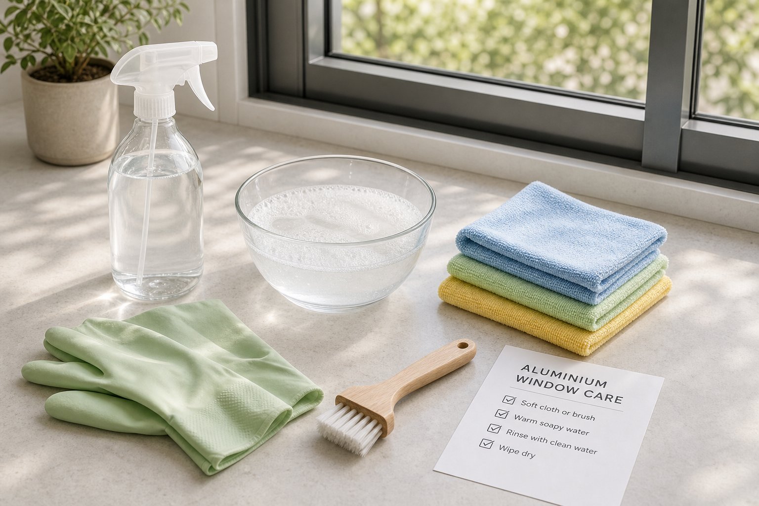 essential supplies for safely cleaning aluminium window frames including mild soap solution microfibre cloths and soft brushes