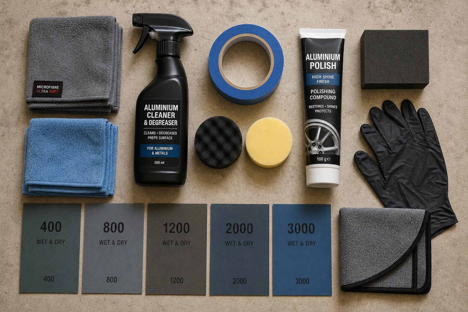 essential tools and materials for aluminium window frame scratch repair organised by repair stage
