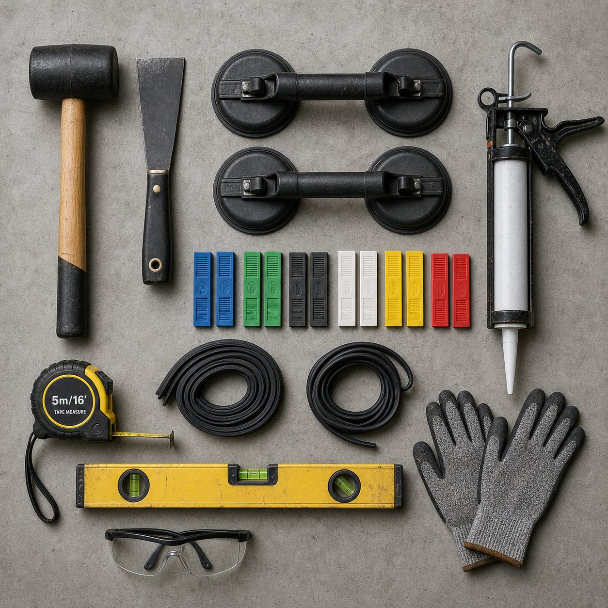 essential tools and materials for aluminium window glazing laid out ready for installation