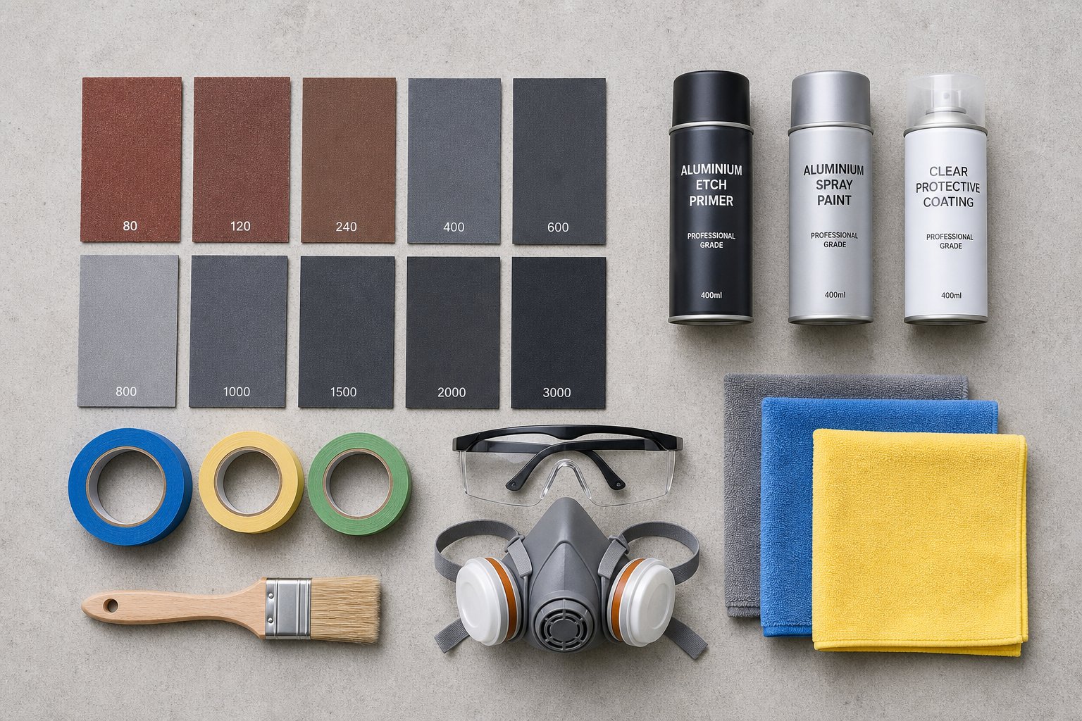 essential tools and materials organised by category before starting your aluminium frame restoration project