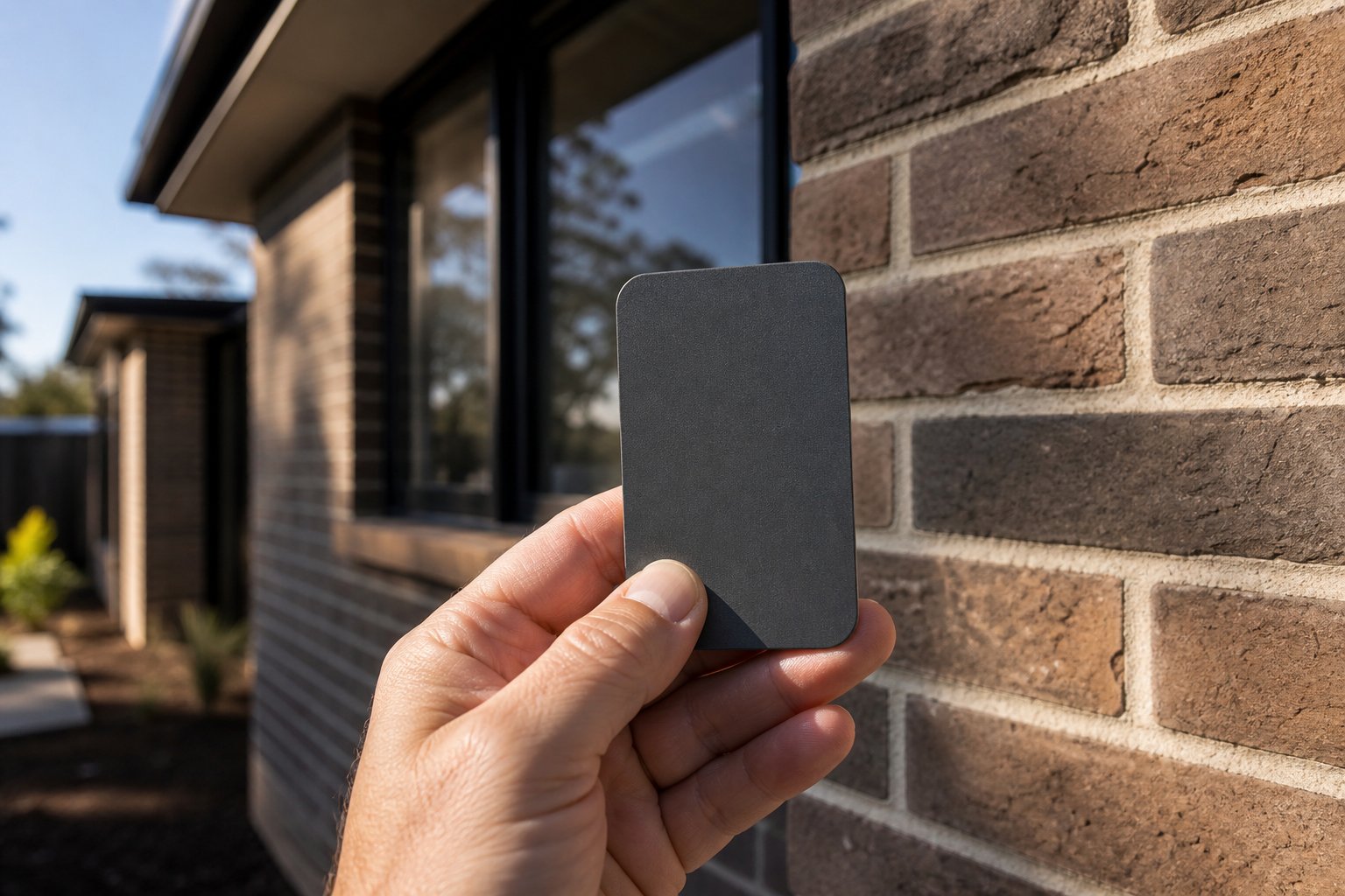 evaluating a powder coated aluminium colour sample against real facade materials in natural daylight