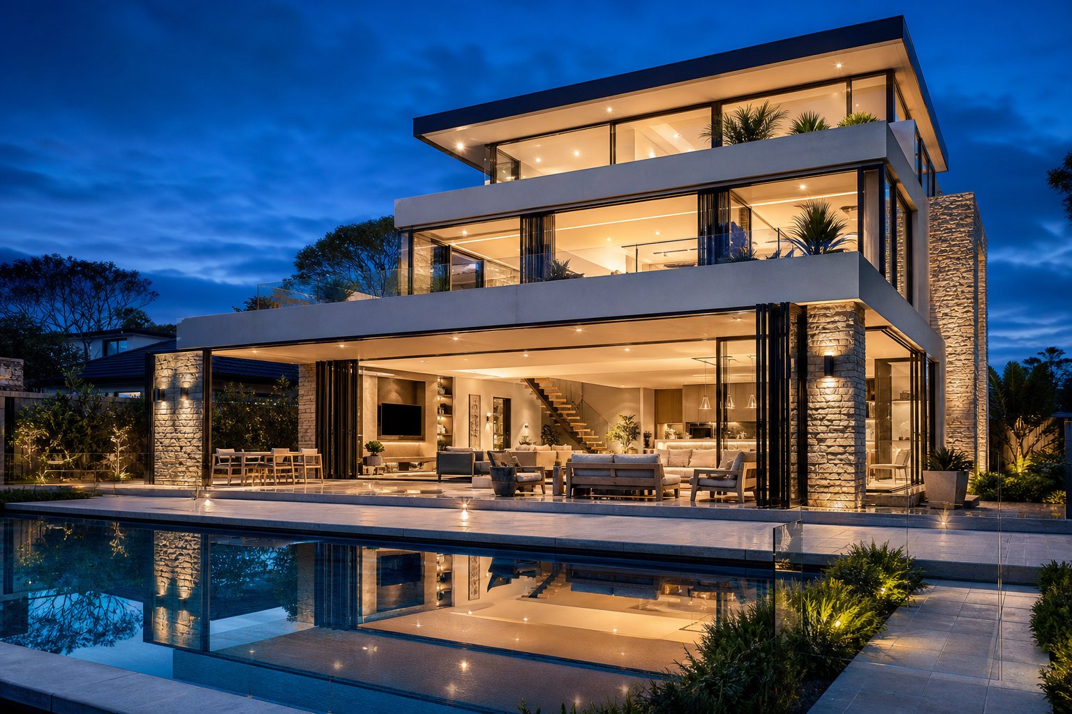 expansive charcoal aluminium bi fold doors and fixed windows maximising glass to frame ratio on a luxury contemporary home