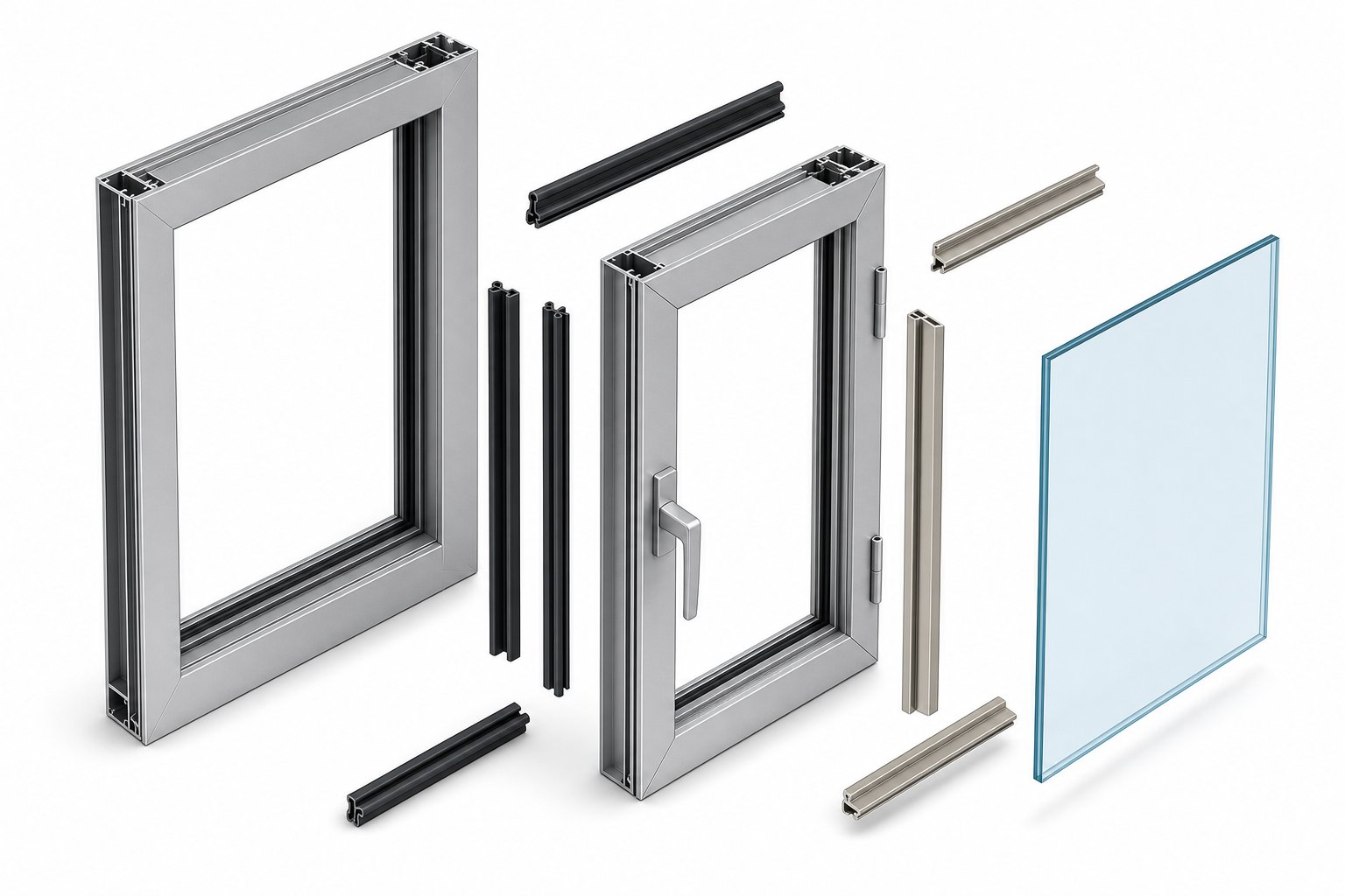 exploded view of aluminium casement window components showing frame sash seals and glazing elements