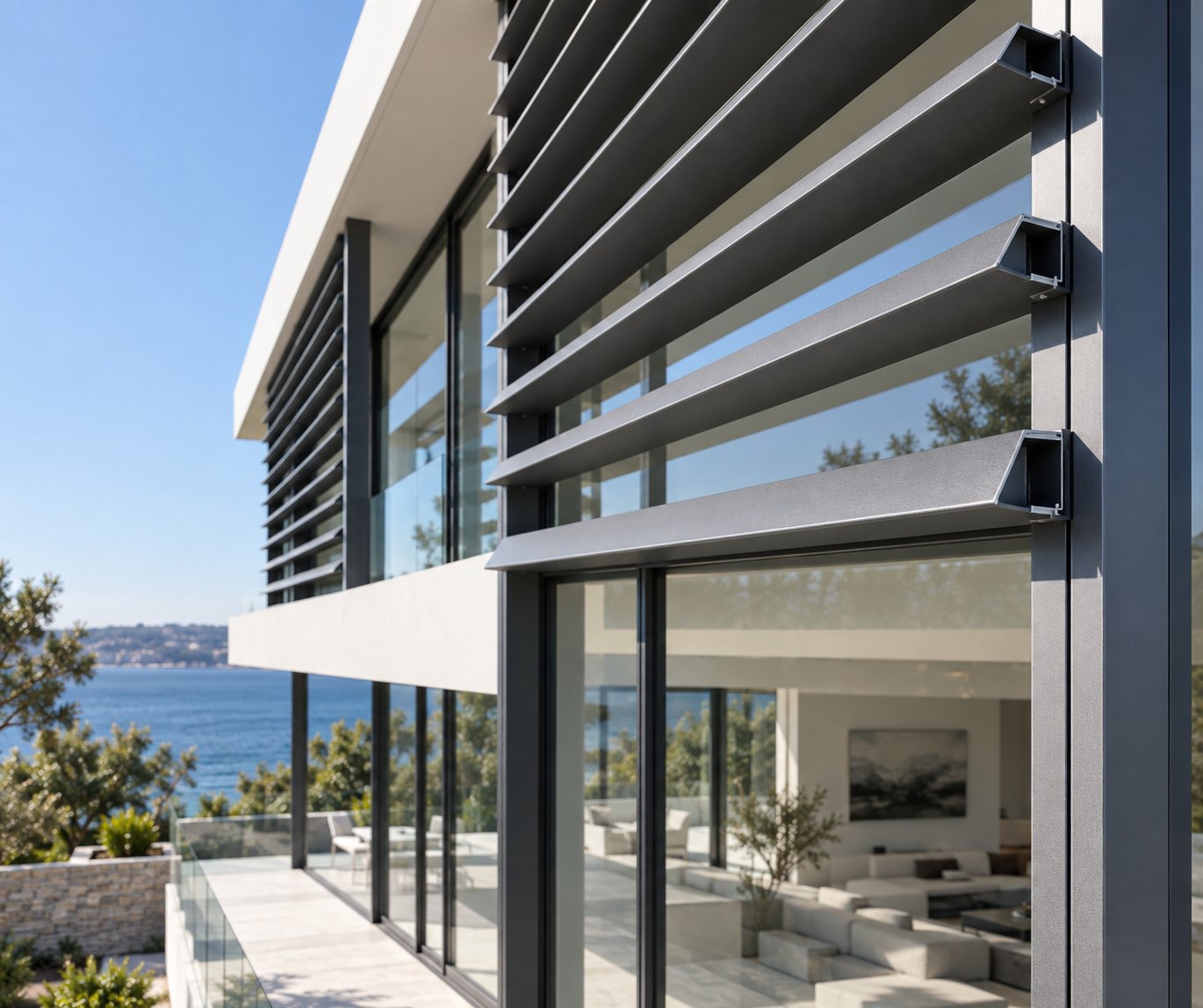 extruded aluminium sun shade blades showcasing the material's lightweight profile and clean finish on a modern facade