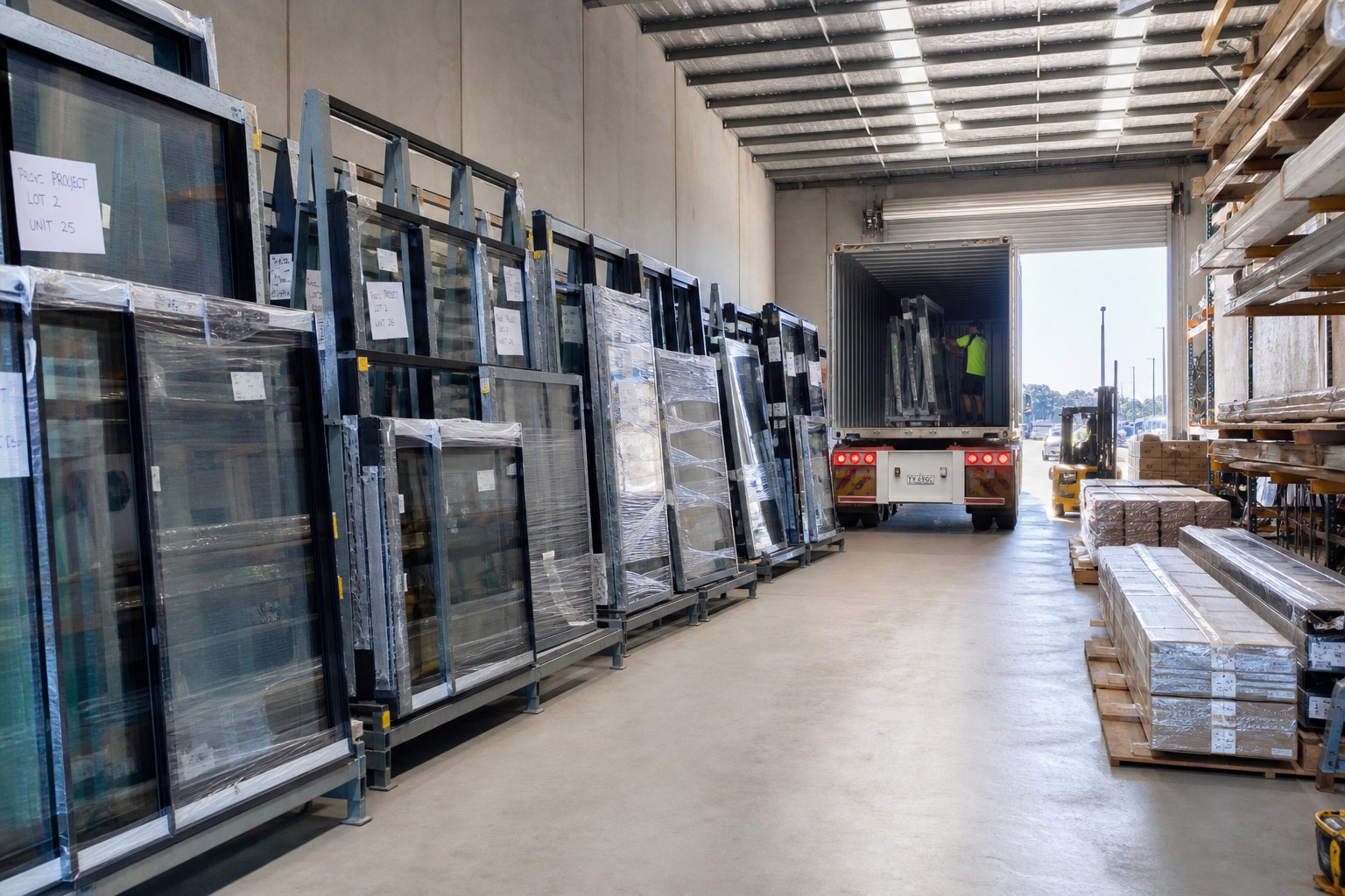 finished aluminium window units staged for project sequenced delivery to construction sites