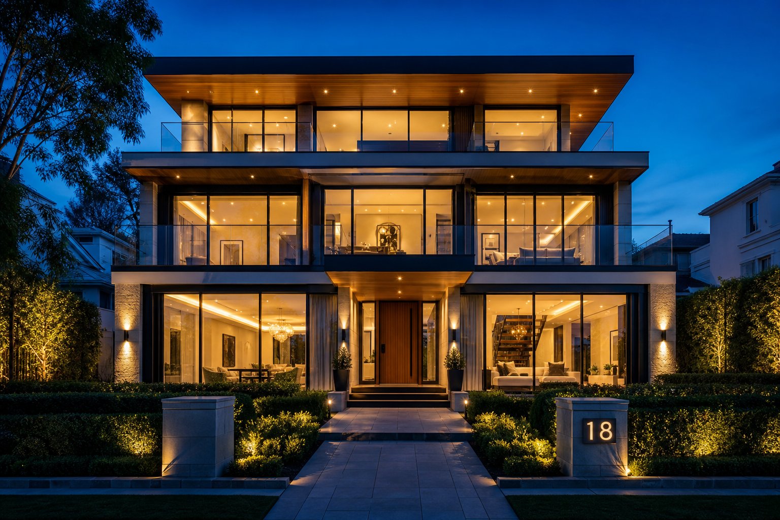 finished luxury home at twilight with premium aluminium window frames illuminated across all levels