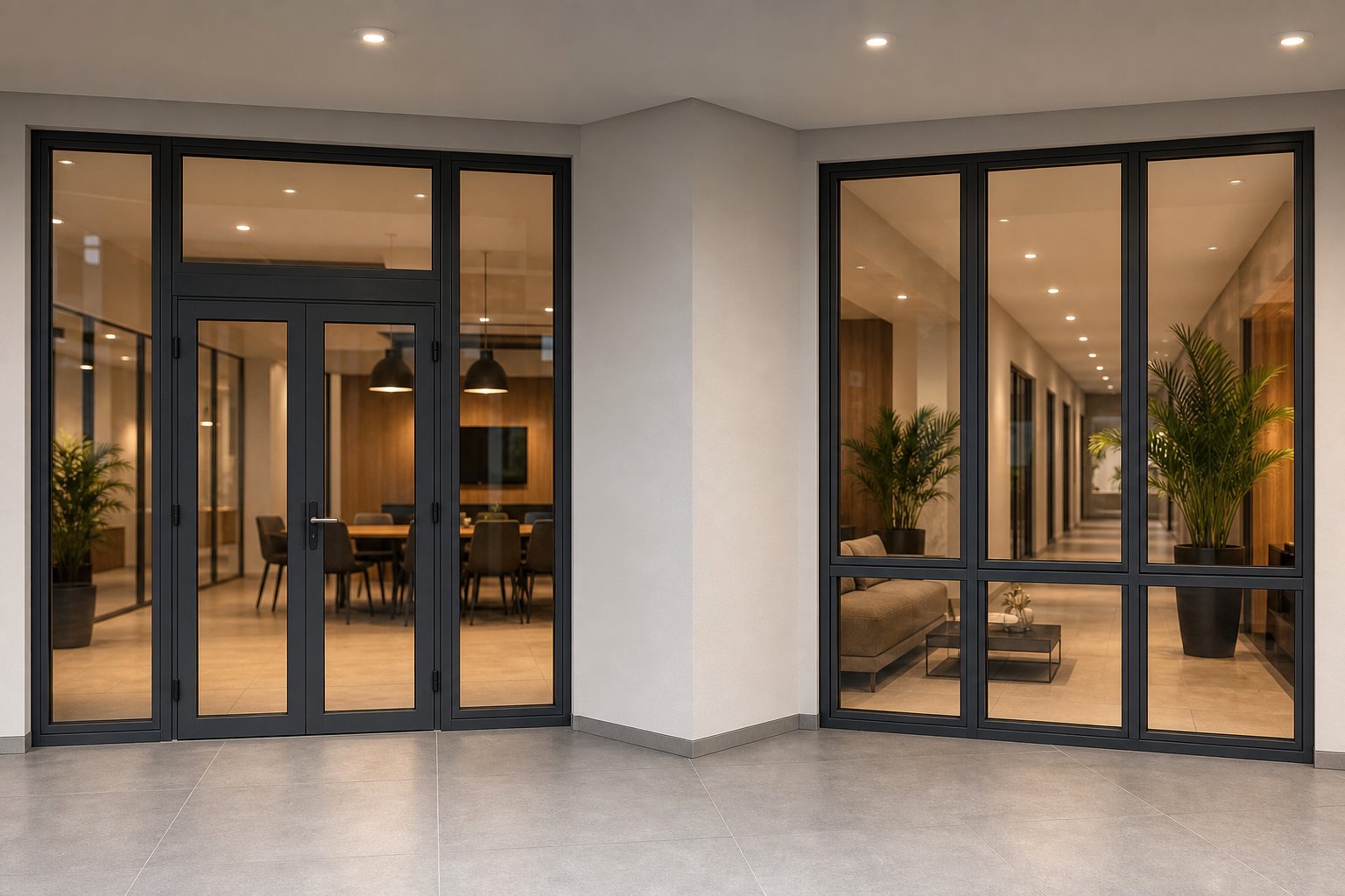 fire rated aluminium doors and windows from a unified profile system maintaining consistent aesthetics across configurations