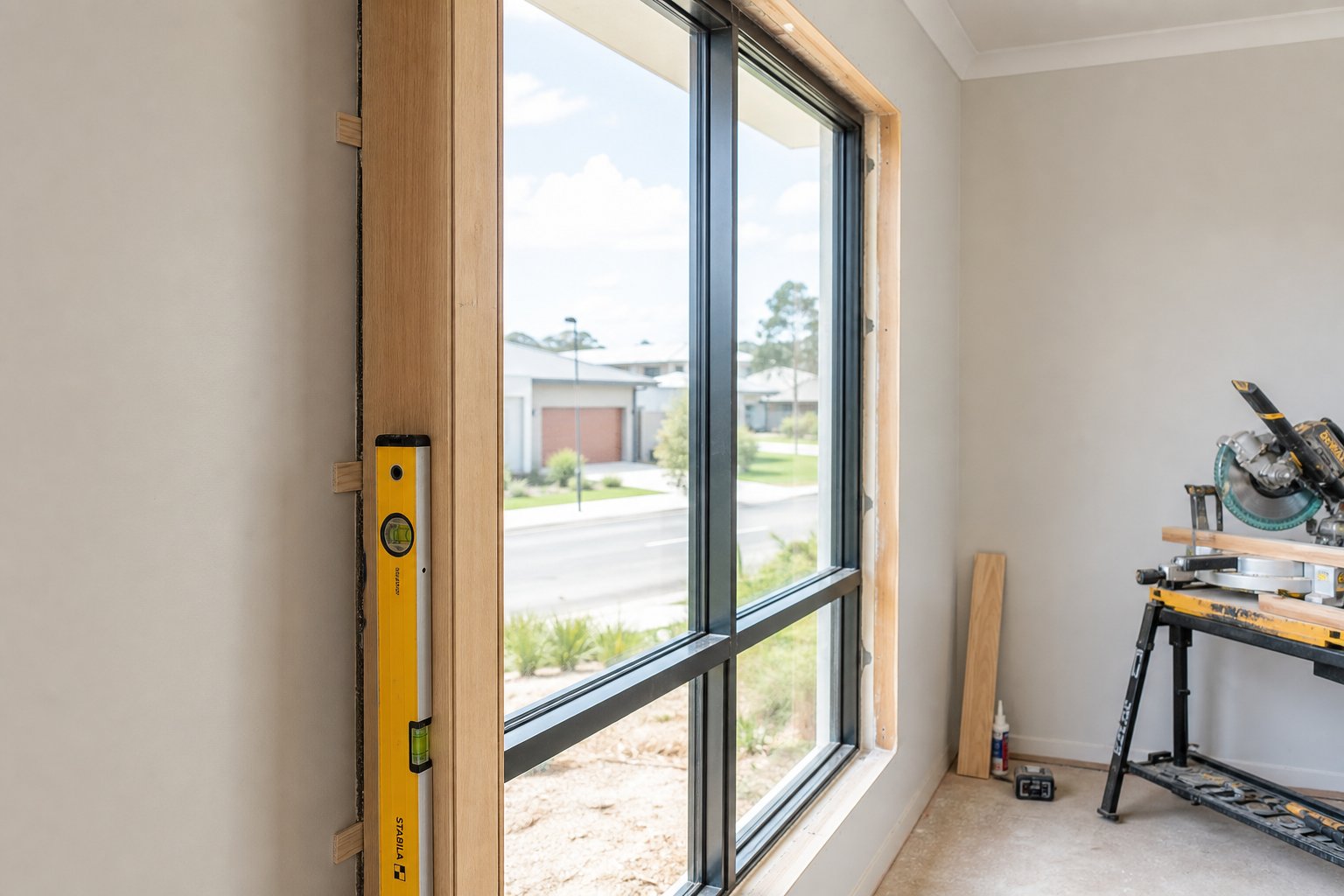 fitting timber reveals requires careful packing and alignment against the aluminium frame for a professional finish