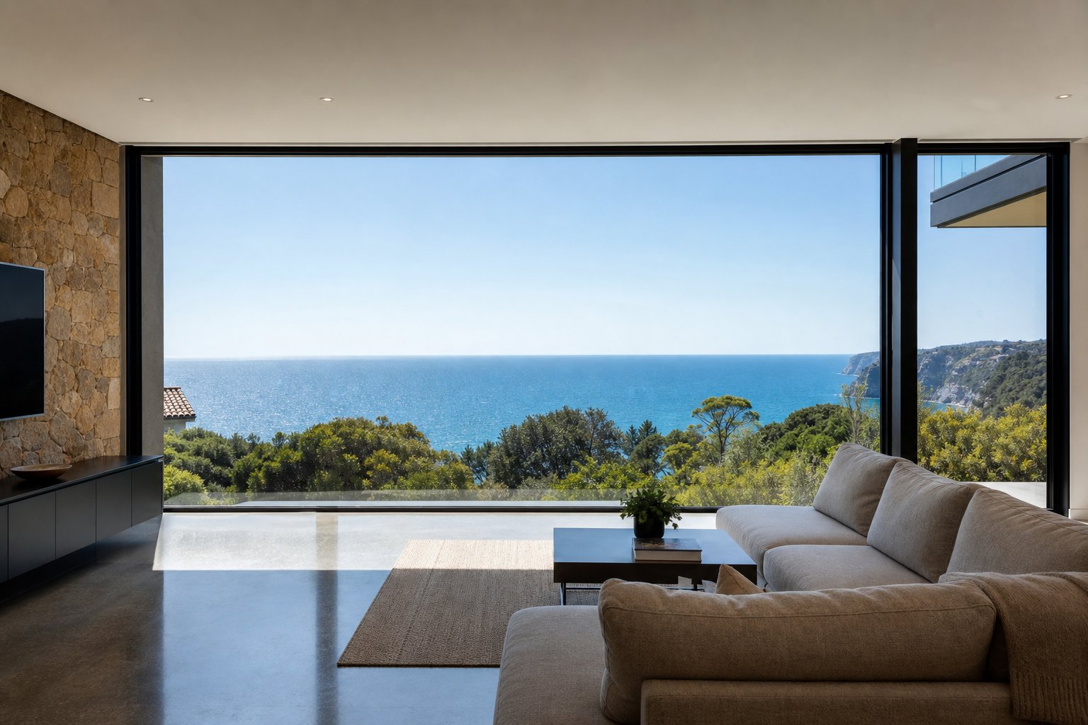 floor to ceiling aluminium fixed picture window framing an unobstructed coastal view from a contemporary living space