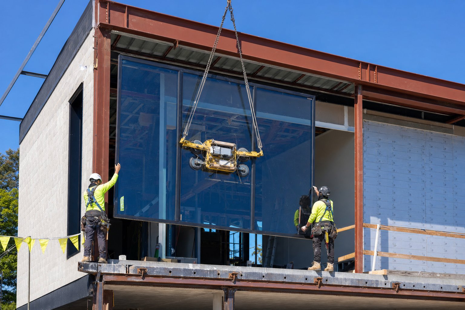 floor to ceiling aluminium glazing panels require structural coordination and crane access during installation