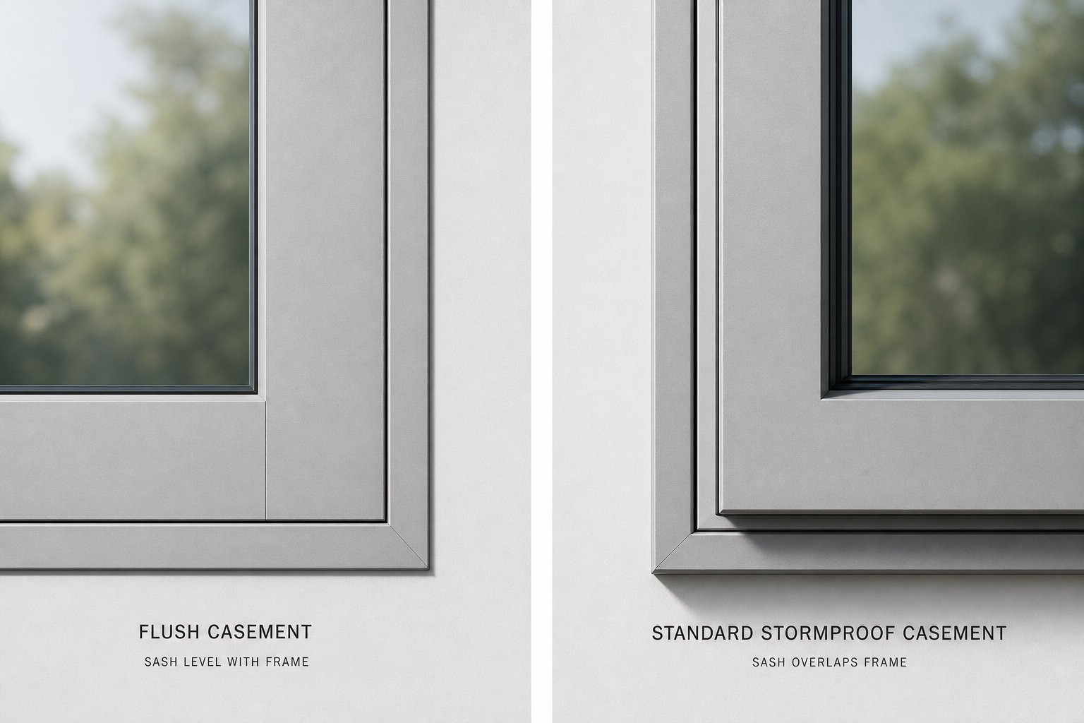 flush casement profile sitting level with the frame compared to a standard casement's protruding stepped profile