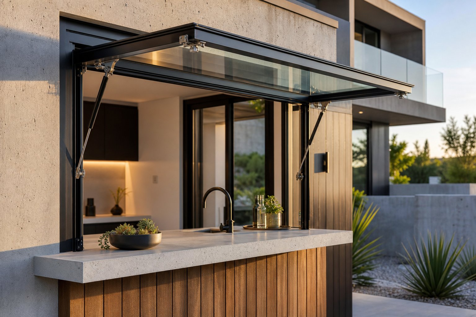 gas strut aluminium servery window lifted open to create a sheltered canopy over an outdoor serving counter