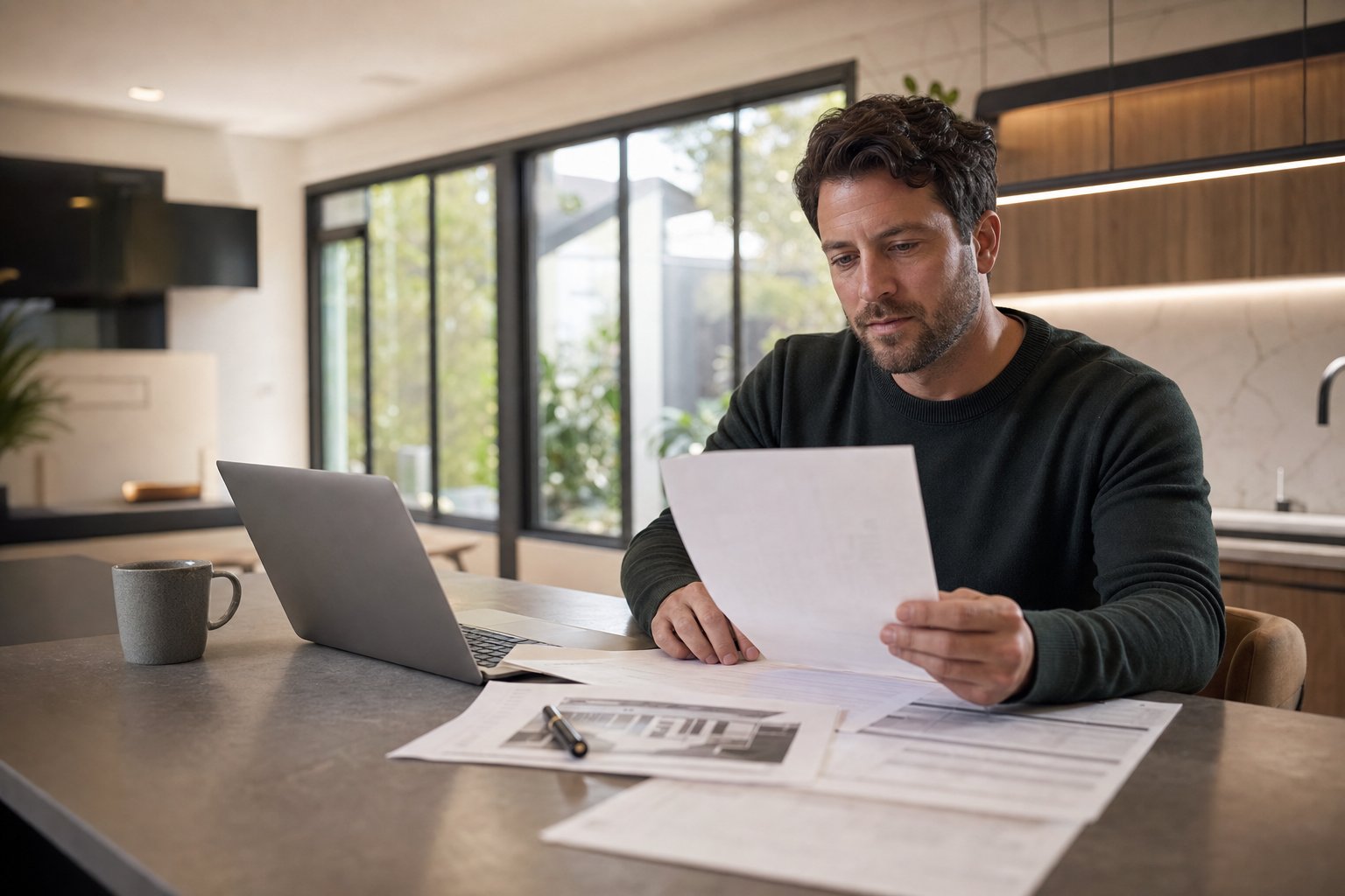 homeowner reviewing aluminium window quotes with installed aluminium windows visible in the background