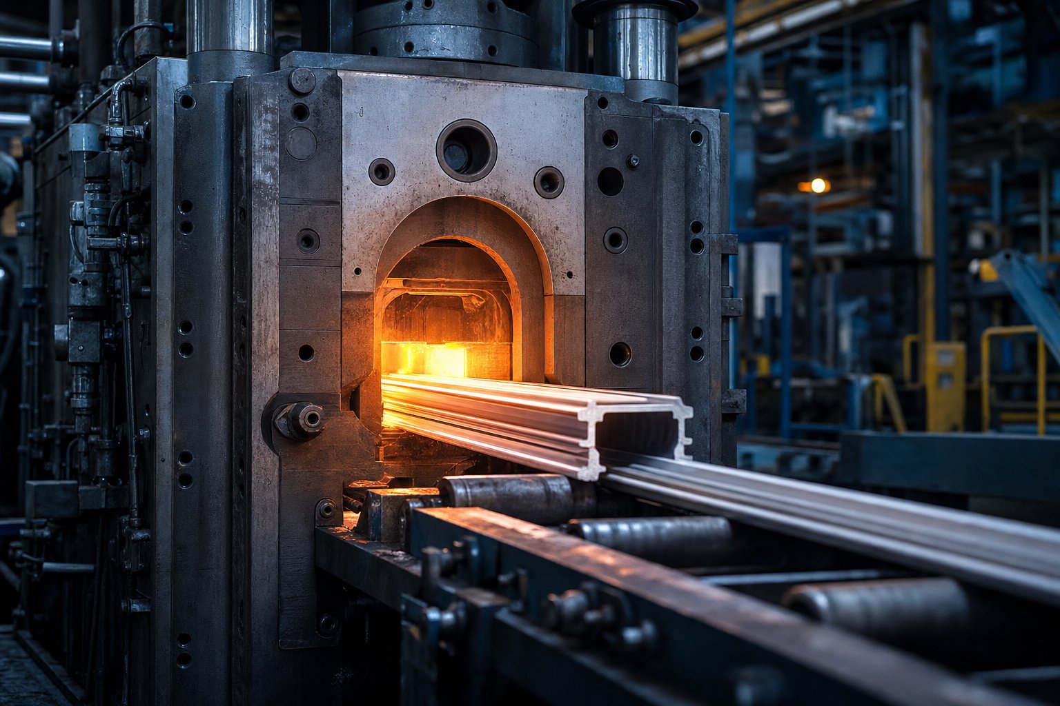 hydraulic extrusion press forcing heated aluminium alloy through a precision die to form continuous window profile sections