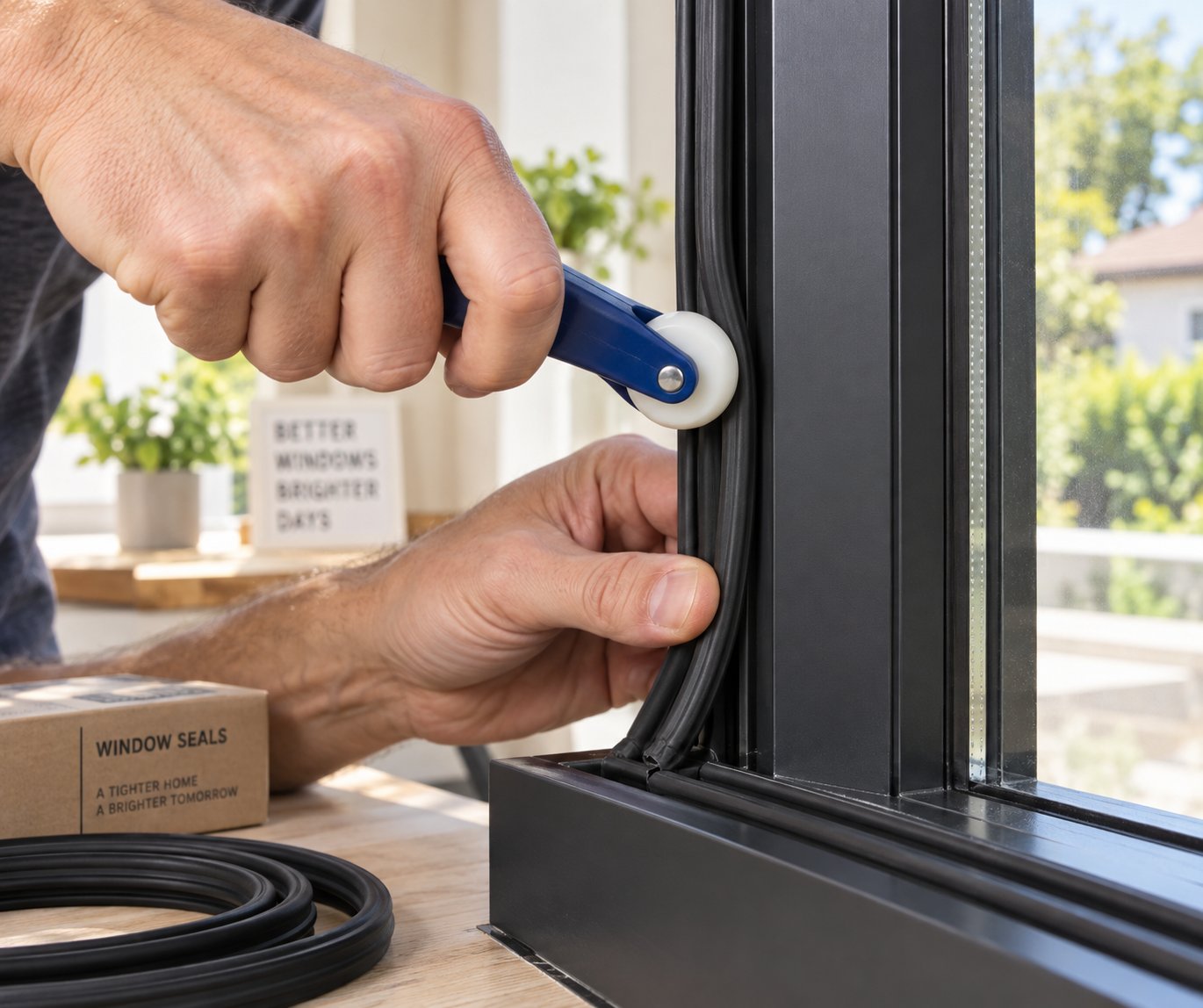 installing a new epdm perimeter gasket into an aluminium window frame channel using a plastic spline roller