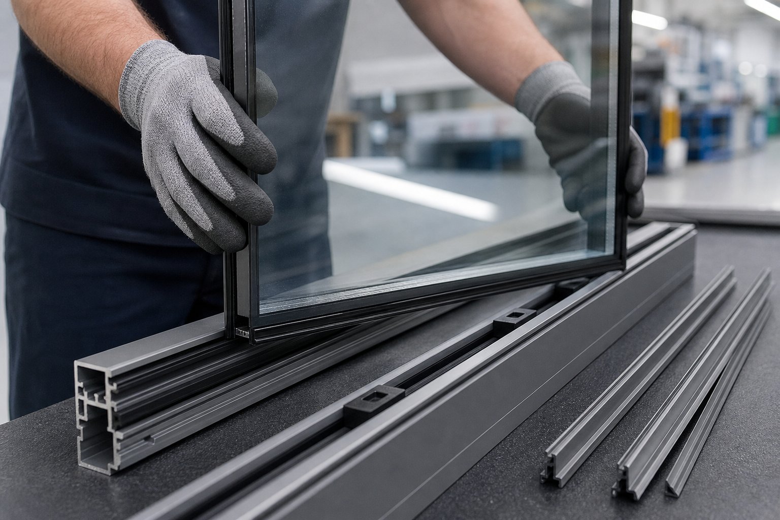 installing a sealed double glazed unit into an aluminium window frame with gaskets and setting blocks